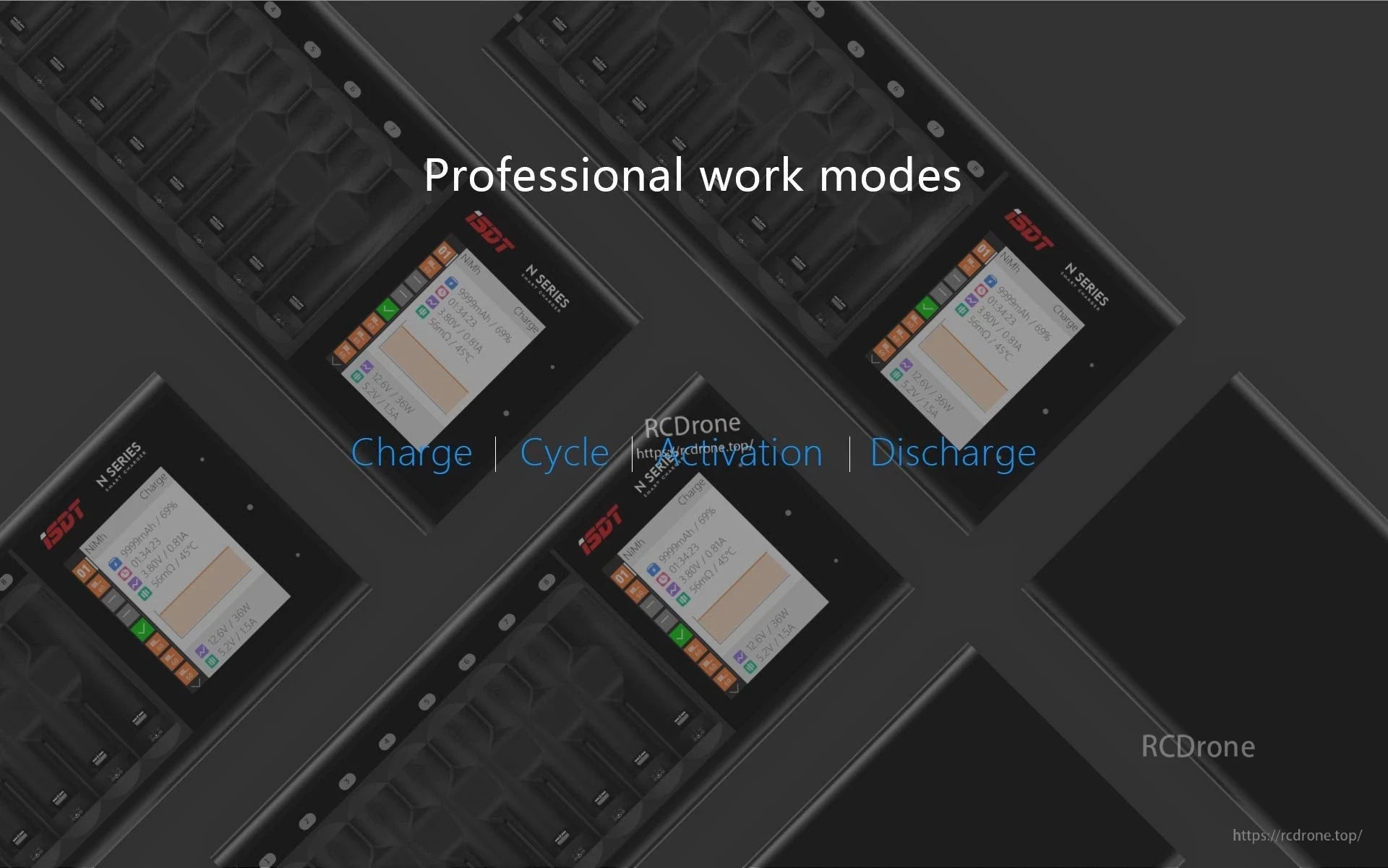 ISDT N16 battery charger with color display showing professional work modes: charge, cycle, activation, and discharge