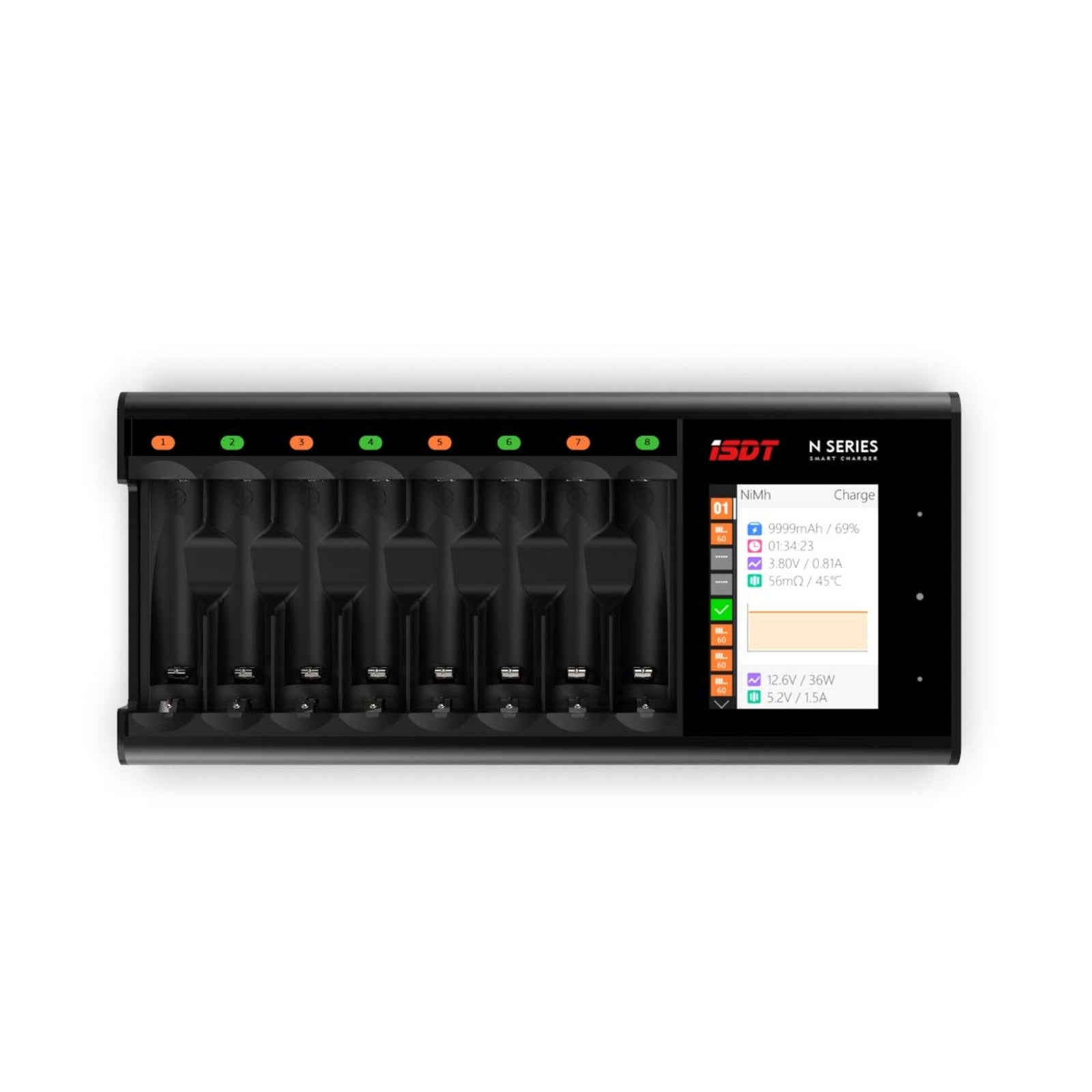 ISDT N8 battery charger with eight numbered charging bays and a touchscreen status display for NiMH charging