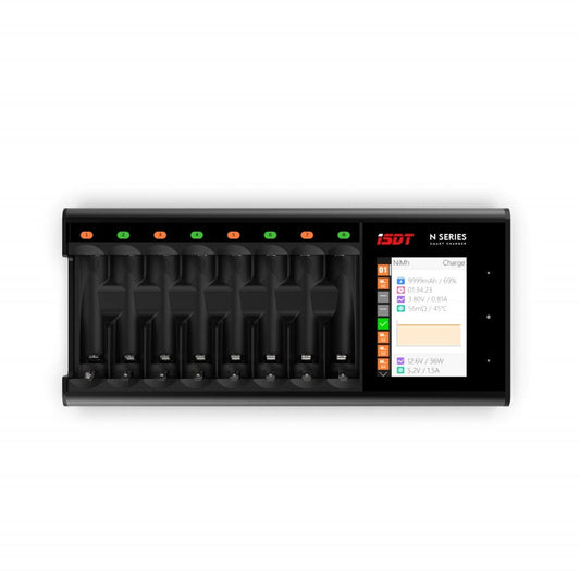 ISDT N8 battery charger with eight numbered charging bays and a touchscreen status display for NiMH charging