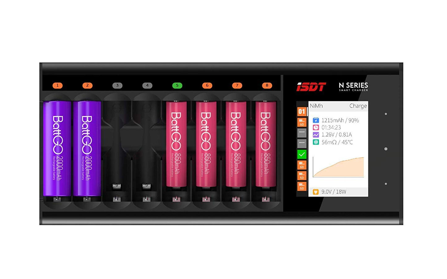 ISDT N8 Battery Charger, ISDT N8 smart battery charger with 8 charging slots and a color screen showing NiMH charge status