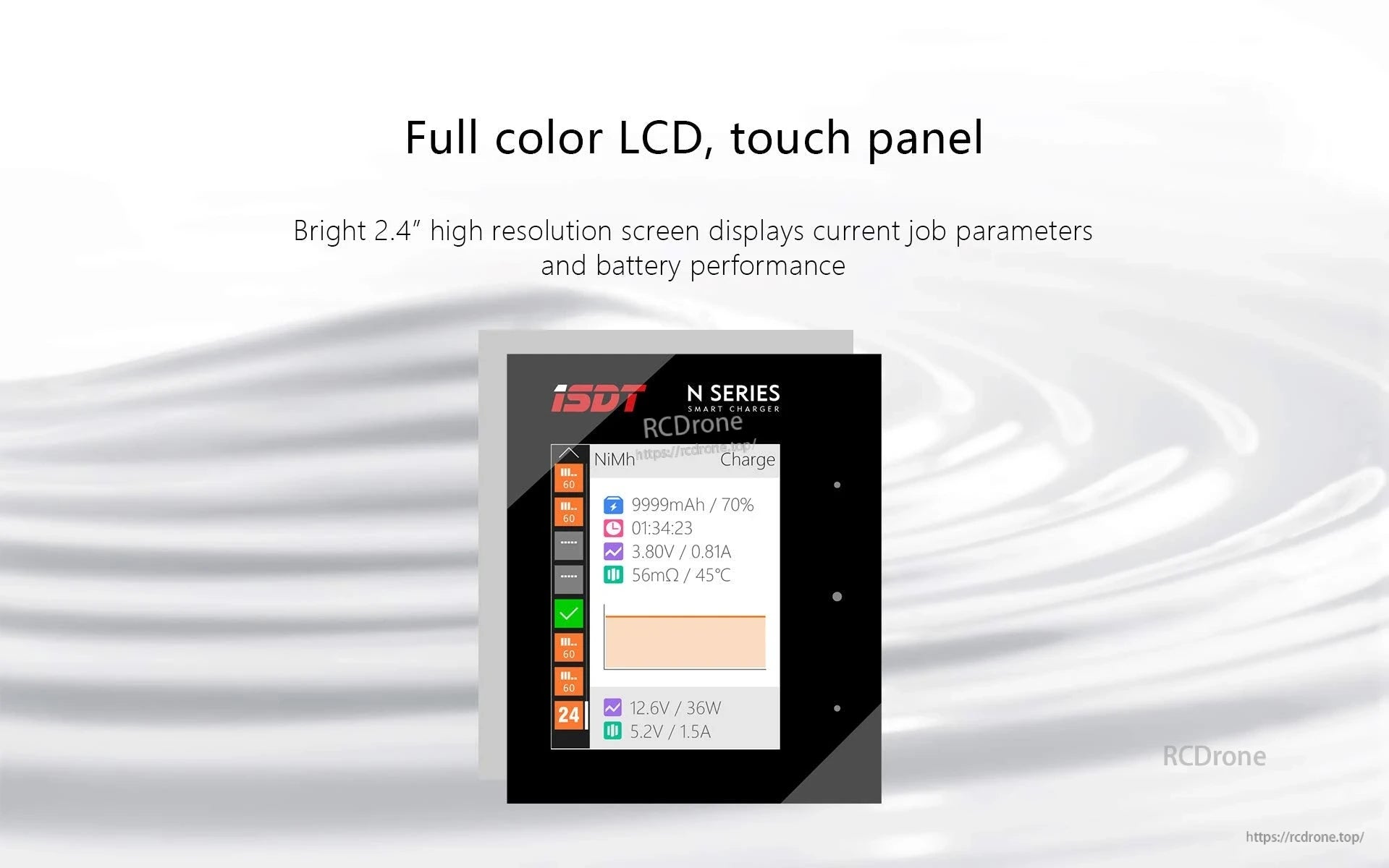 ISDT N8 battery charger with full-color 2.4-inch touch LCD showing charge status and battery parameters