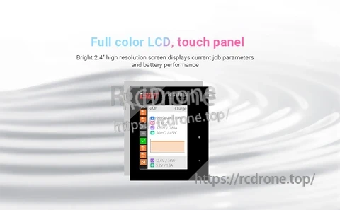 ISDT N8 battery charger with 2.4-inch full-color touch LCD showing charge settings and battery performance