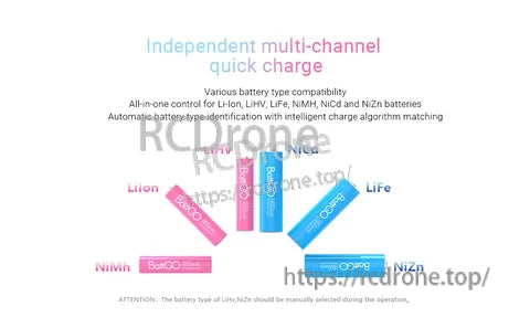 ISDT N8 Battery Charger, ISDT N8 charger compatibility graphic listing Li-ion, LiHV, LiFe, NiMH, NiCd and NiZn battery types