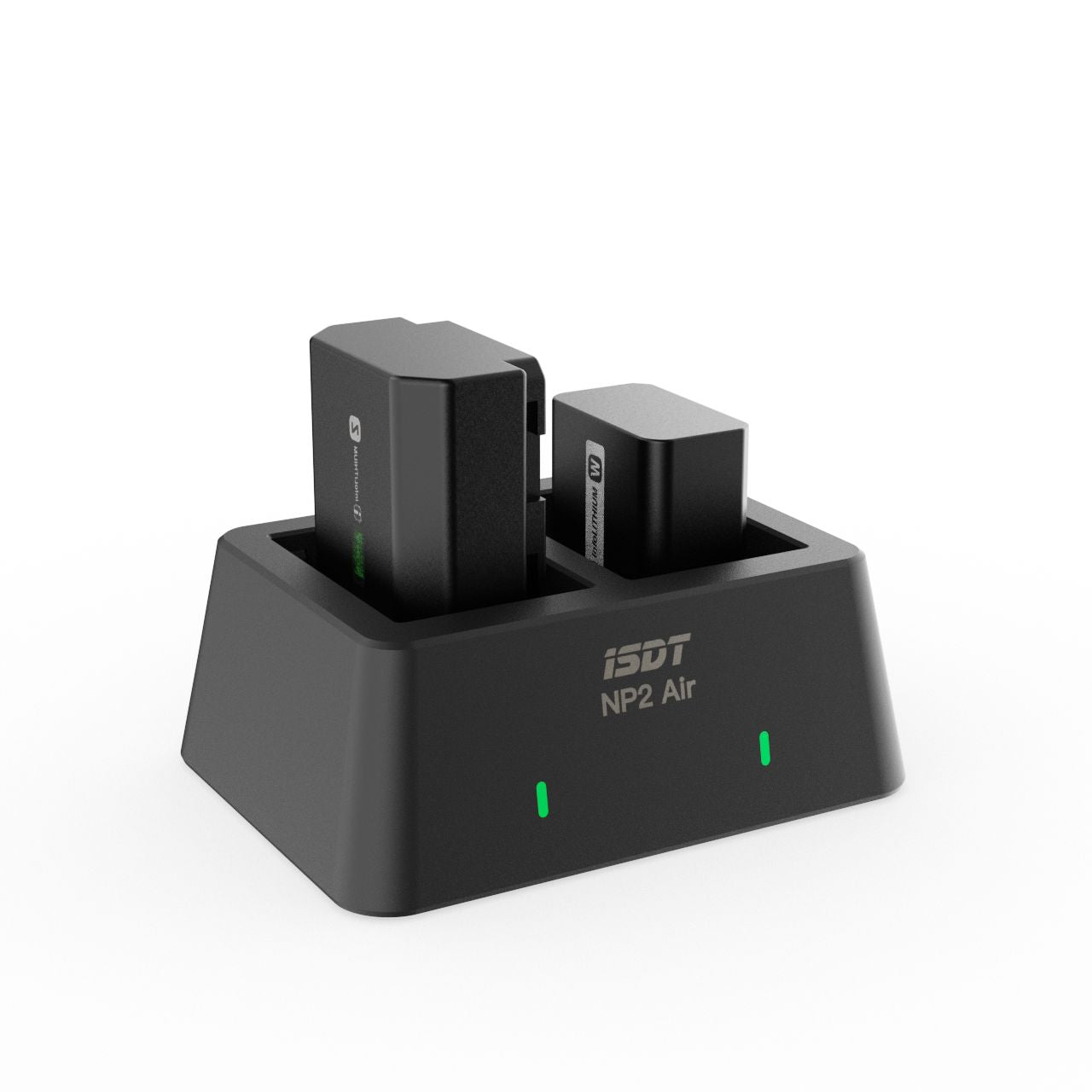 ISDT NP2 Air Camera Battery Charger, ISDT NP2 Air dual-slot camera battery charger dock with two batteries inserted and green status LEDs