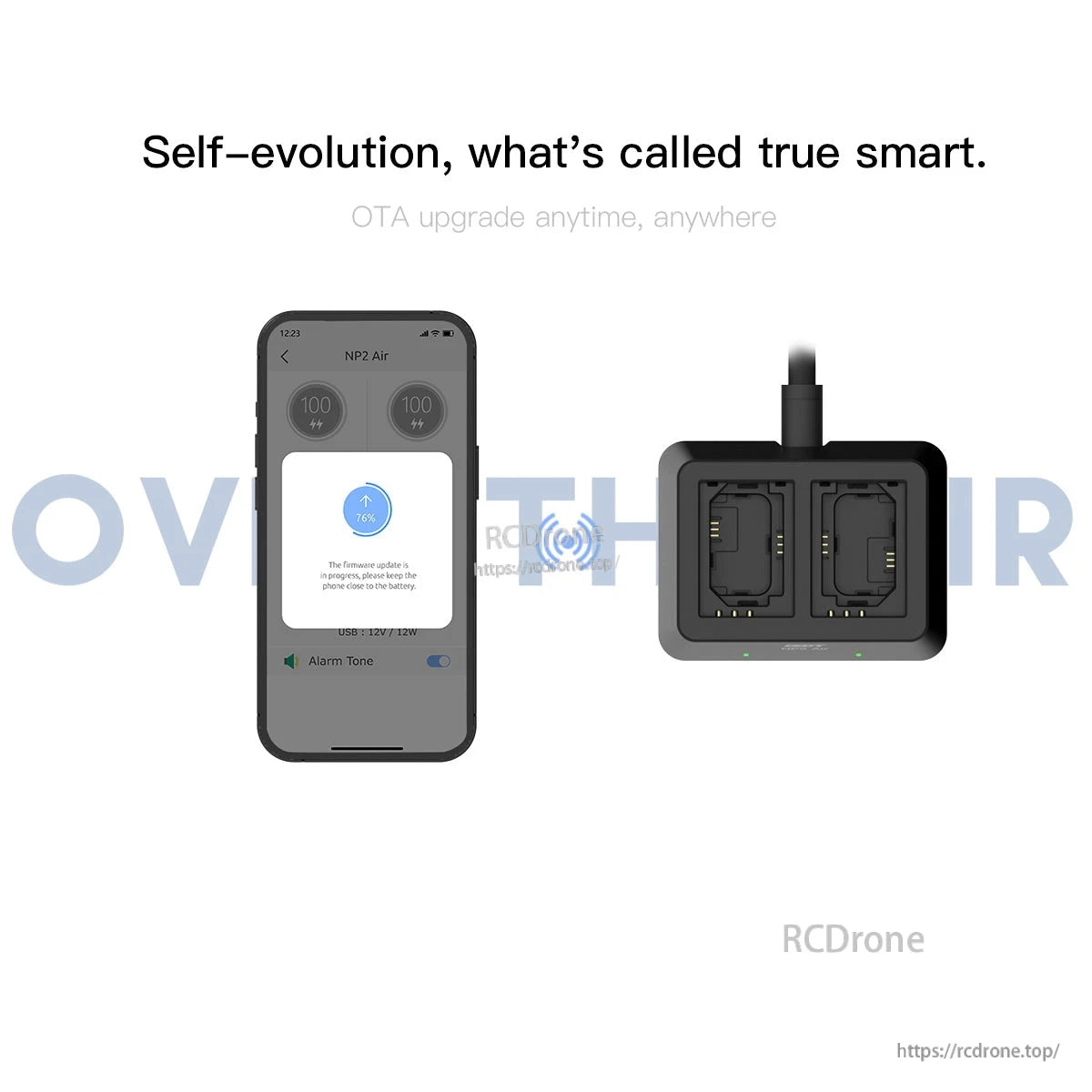 ISDT NP2 Air camera battery charger with dual battery slots and phone app screen for OTA firmware update