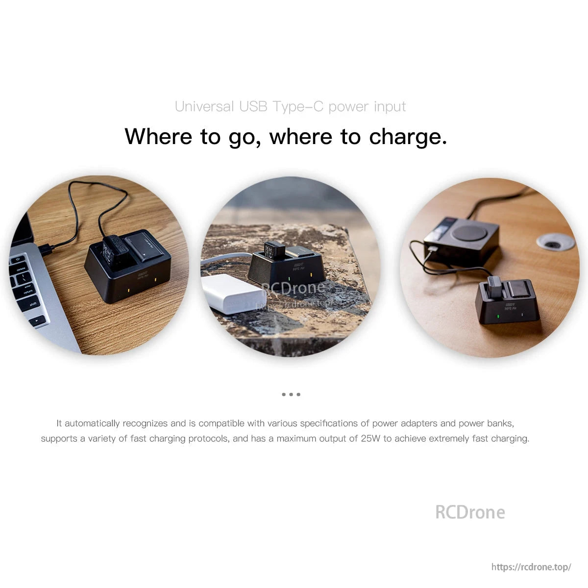 ISDT NP2 Air camera battery charger dock with USB-C power input, charging a compact camera battery on a desk