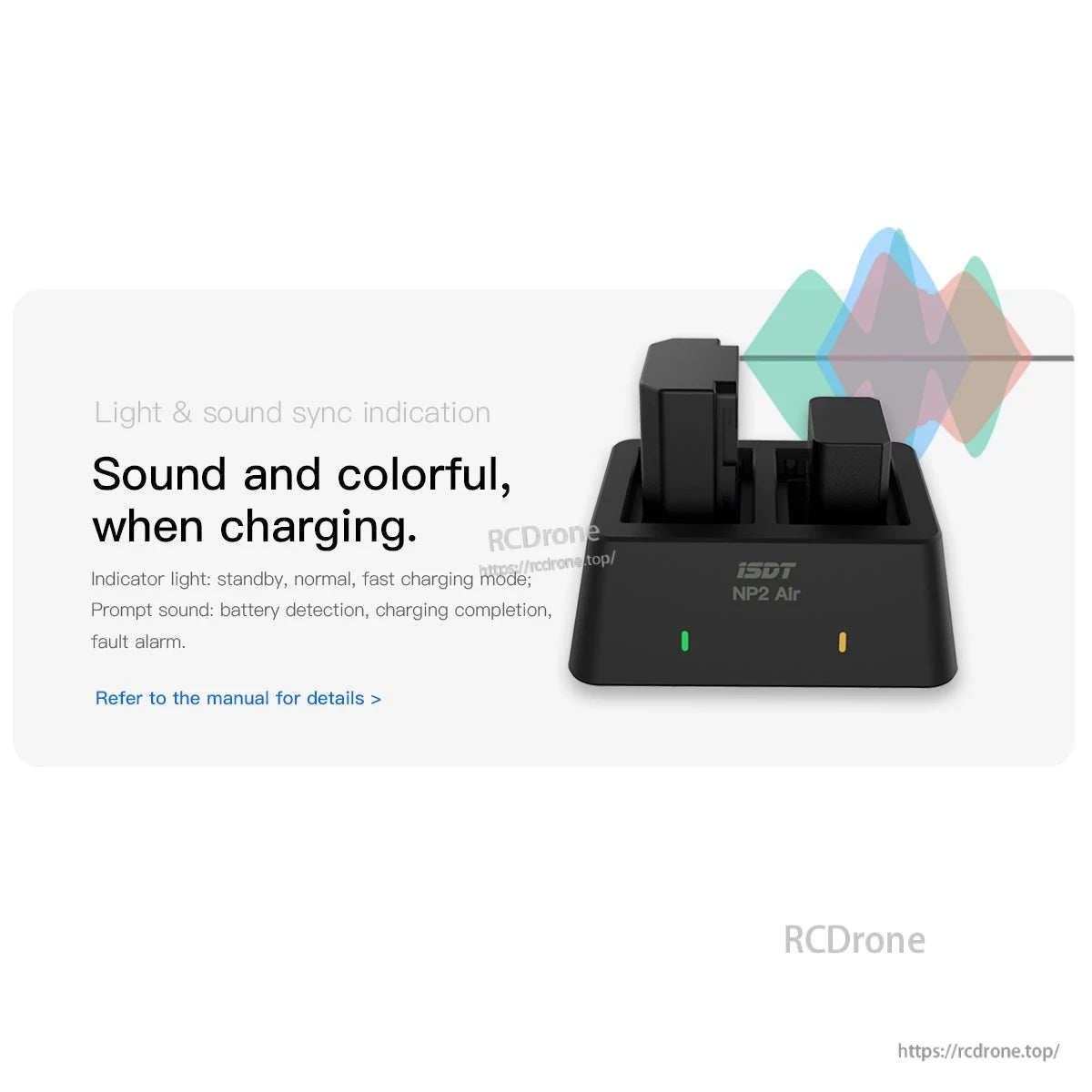 ISDT NP2 Air camera battery charger dock with dual slots and front status LEDs for charging indication