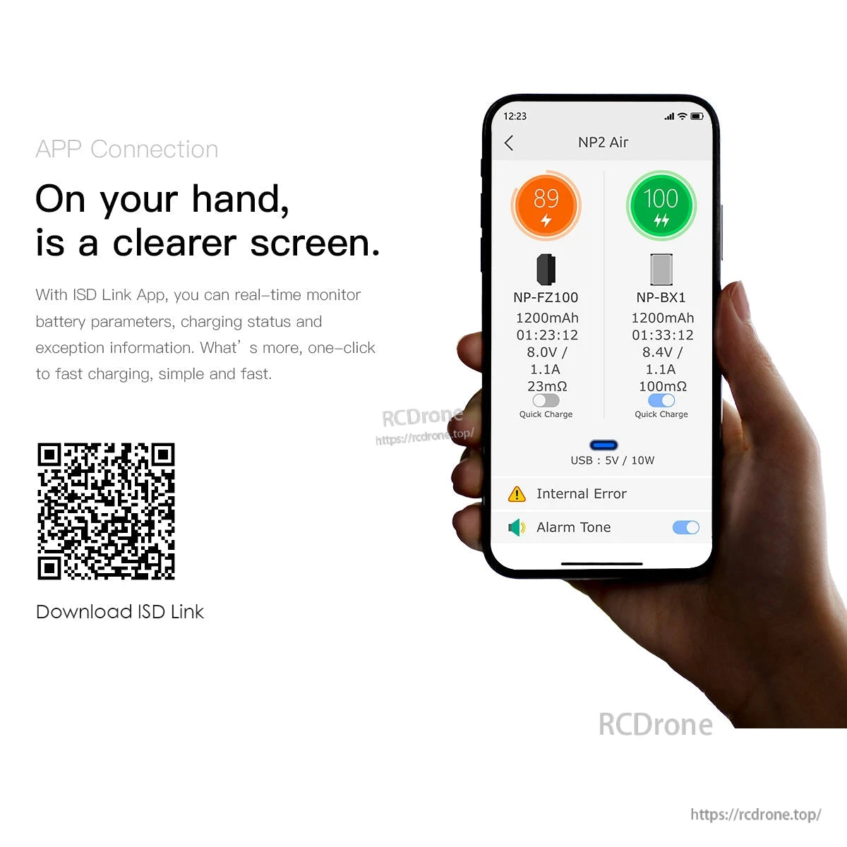 ISDT NP2 Air Camera Battery Charger, ISDT NP2 Air charger app screen on a phone showing two battery slots, charge percentages, quick charge, and USB 5V/10W