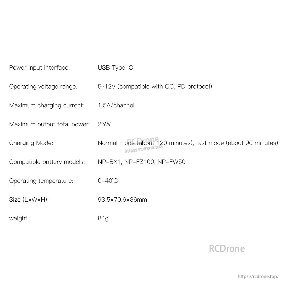 ISDT NP2 Air camera battery charger specs: USB-C input, 5–12V QC/PD, 1.5A per channel, 25W total