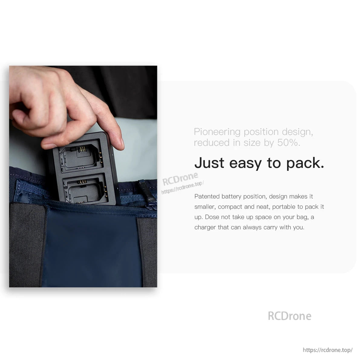 ISDT NP2 Air Camera Battery Charger, ISDT NP2 Air compact dual-slot camera battery charger being placed into a bag for travel