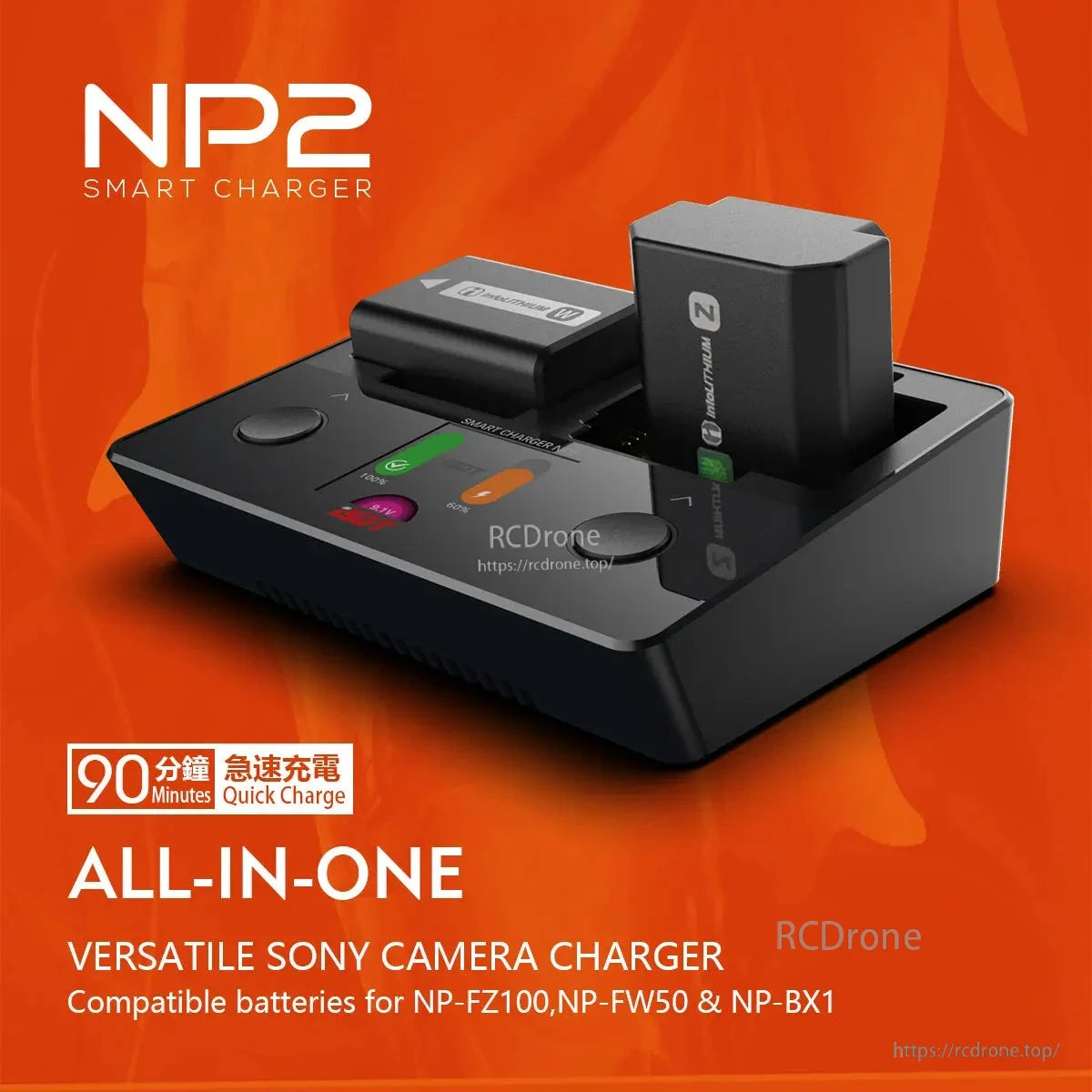 ISDT NP2 Camera Battery Charger, ISDT NP2 smart camera battery charger dock with two Sony-style batteries inserted and status display