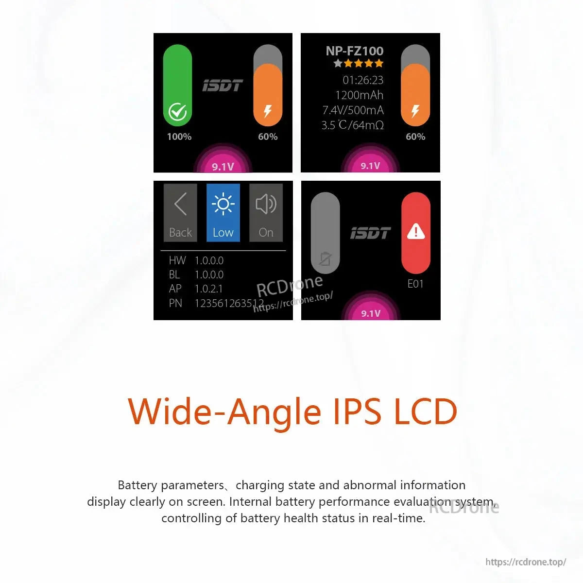 ISDT NP2 camera battery charger wide-angle IPS LCD interface showing charge status, battery details, and error alert