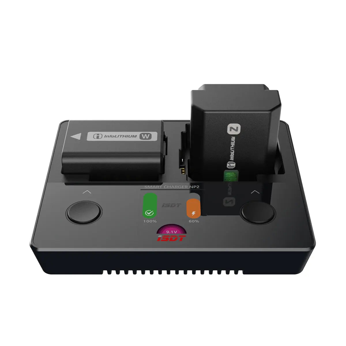 ISDT NP2 Camera Battery Charger, ISDT NP2 smart camera battery charger with dual slots, charging Sony InfoLITHIUM W and Z batteries