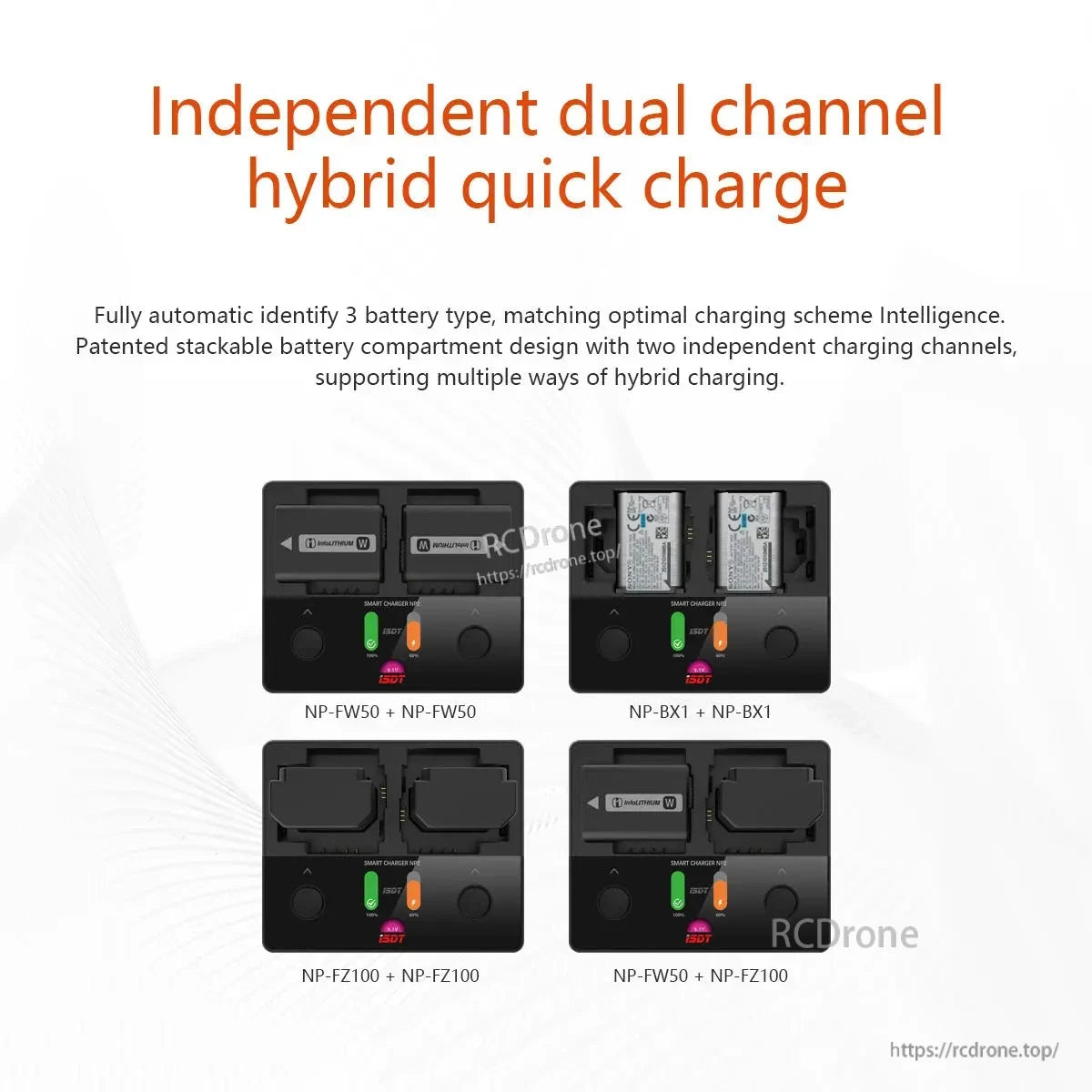 ISDT NP2 Camera Battery Charger, ISDT NP2 dual-channel camera battery charger with two bays, shown charging NP-FW50, NP-BX1 and NP-FZ100 packs