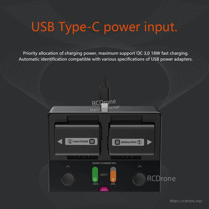 ISDT NP2 Camera Battery Charger, ISDT NP2 dual-slot camera battery charger with USB Type-C power input and QC 3.0 18W support text