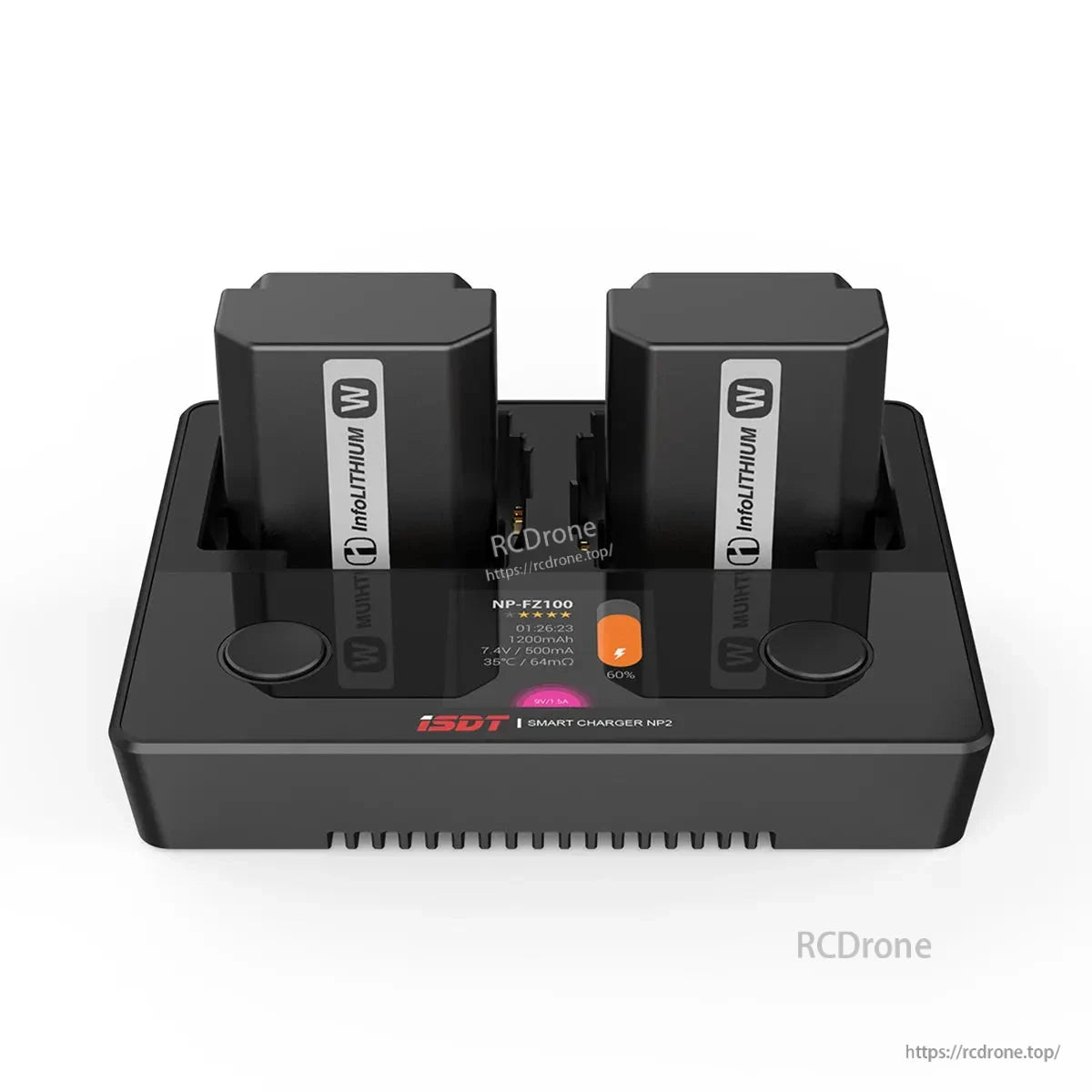 ISDT NP2 Camera Battery Charger, ISDT NP2 dual-slot camera battery charger with LCD status display, shown charging two InfoLithium batteries