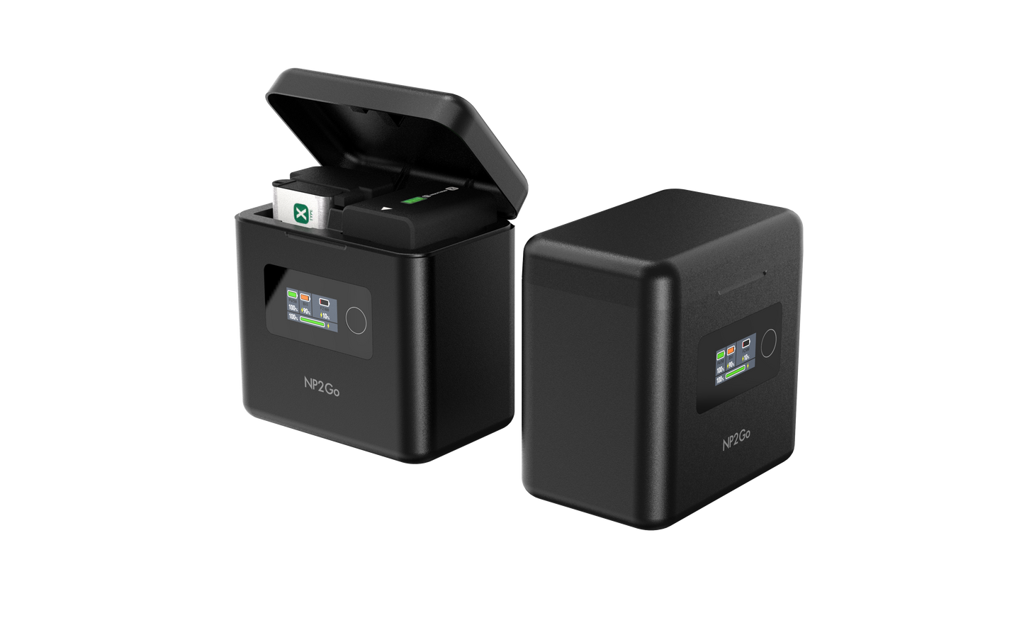 ISDT NP2GO 4-channel camera battery charger with flip-top lid and front color screen showing charge status