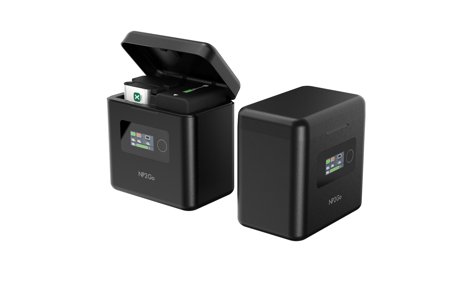 ISDT NP2GO 4-channel camera battery charger with flip-top lid and front color screen showing charge status