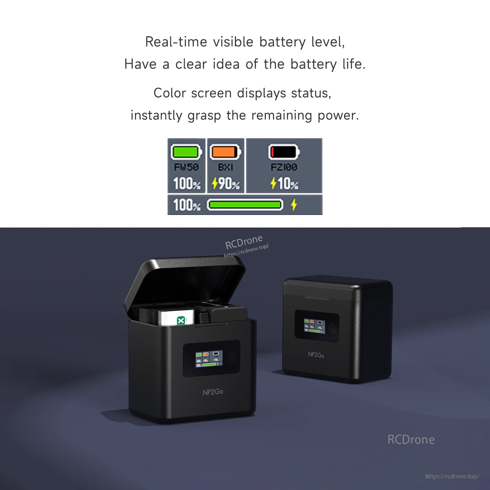 ISDT NP2GO 4-Channel Camera Battery Charger, ISDT NP2Go camera battery charger with hinged lid and color screen showing real-time battery levels