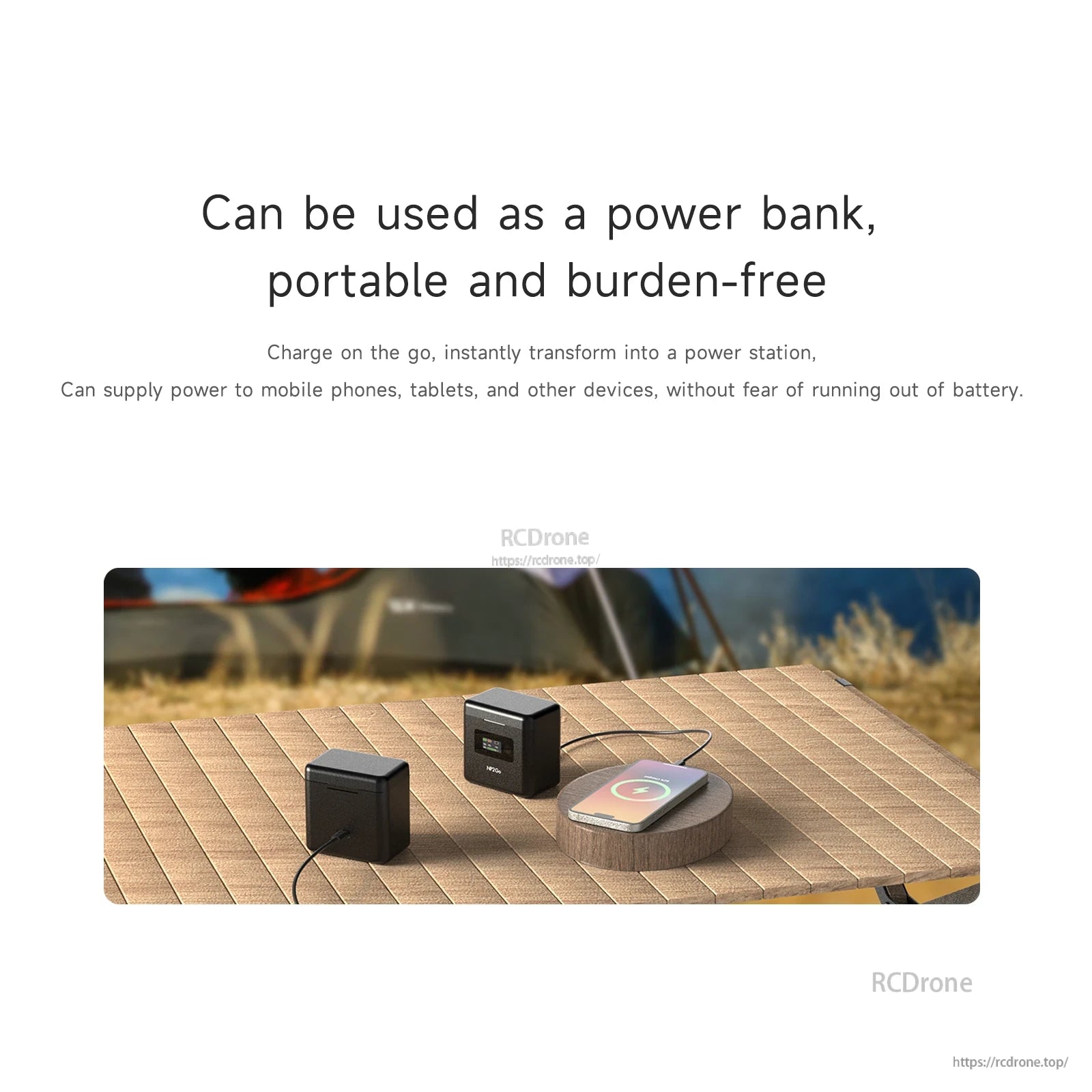 ISDT NP2GO 4-Channel Camera Battery Charger, ISDT NP2GO camera battery charger used as a power bank, charging a smartphone via cable on a table