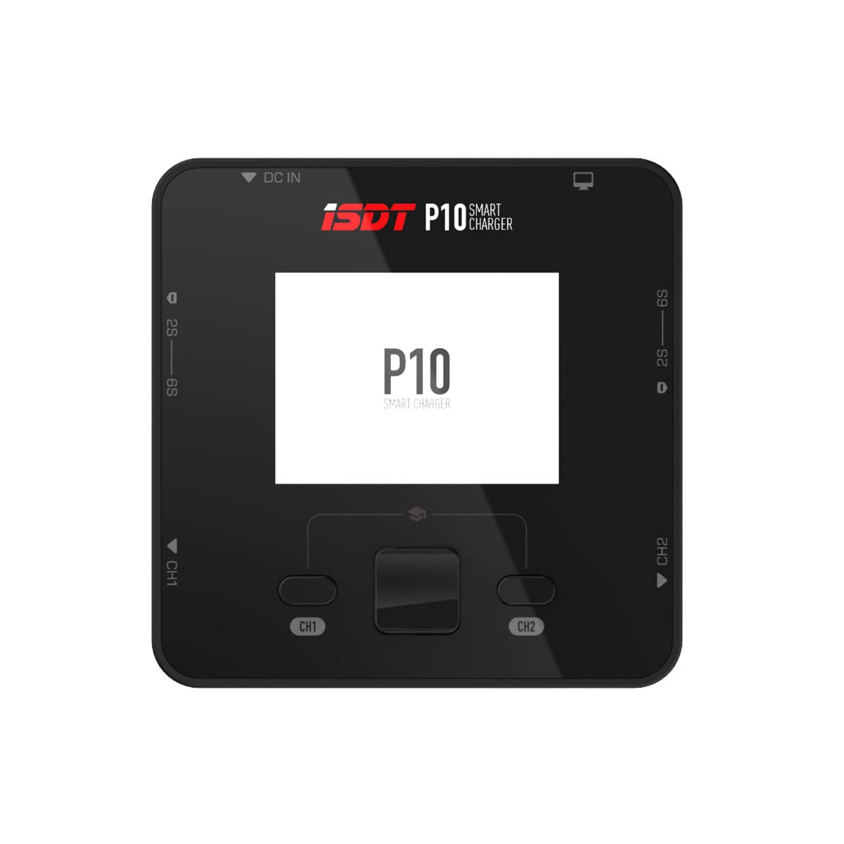 ISDT P10 Dual Channel LiPo Battery Charger, Front view of ISDT P10 smart LiPo charger with large display and CH1/CH2 channel buttons