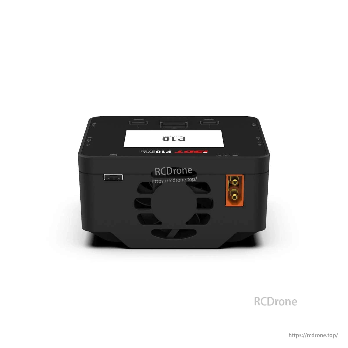 ISDT P10 Dual Channel LiPo Battery Charger, ISDT P10 dual-channel LiPo battery charger with top display, front cooling fan, USB port, and XT60-style connector