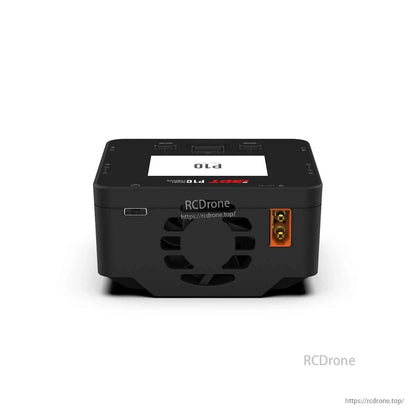 ISDT P10 Dual Channel LiPo Battery Charger, ISDT P10 dual-channel LiPo battery charger with top display, front cooling fan, USB port, and XT60-style connector