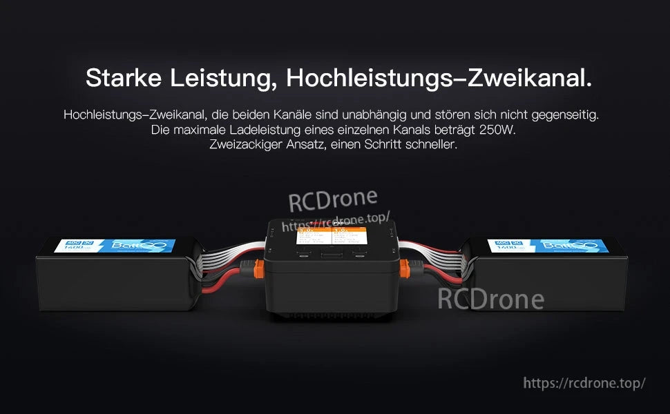 ISDT P10 Dual Channel LiPo Battery Charger, ISDT P10 dual-channel LiPo battery charger connected to two packs, with 250W max charge power per channel