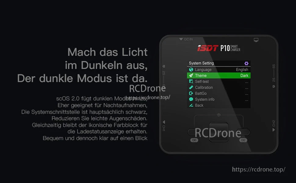 ISDT P10 Dual Channel LiPo Battery Charger, ISDT P10 smart charger touchscreen showing System Setting menu with Dark theme option selected