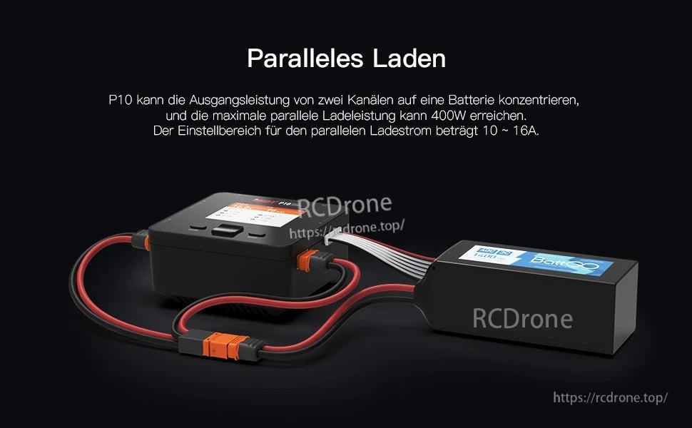 ISDT P10 Dual Channel LiPo Battery Charger, ISDT P10 dual-channel LiPo charger with XT60 leads connected for parallel charging, up to 400W and 10–16A