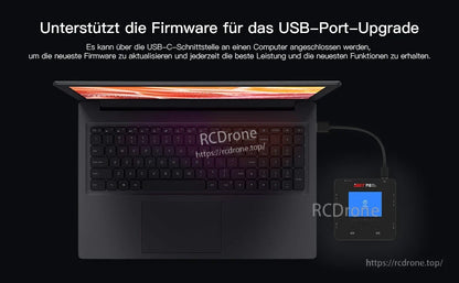 ISDT P10 Dual Channel LiPo Battery Charger, ISDT P10 battery charger connected to a laptop via USB-C cable for firmware upgrade support