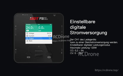 ISDT P10 Dual Channel LiPo Battery Charger, ISDT P10 dual channel smart charger screen showing adjustable DC output settings up to 24.0V and 5.0A