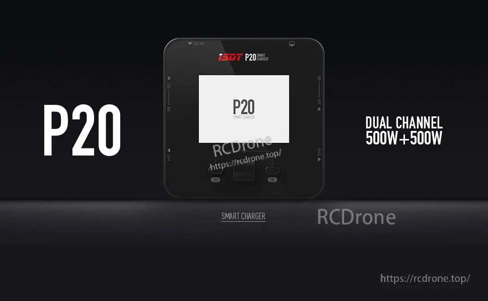 ISDT P20 DC smart LiPo battery charger with touchscreen display, dual-channel design rated 500W + 500W