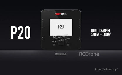 ISDT P20 DC smart LiPo battery charger with touchscreen display, dual-channel design rated 500W + 500W
