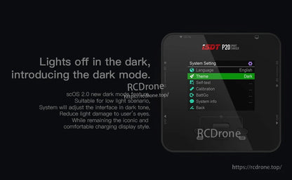 ISDT P20 DC Smart LiPo Battery Charger, ISDT P20 smart LiPo battery charger screen showing System Setting menu with Dark theme enabled