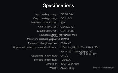 ISDT P20 DC Smart LiPo Battery Charger, ISDT P20 DC smart LiPo charger specifications: DC 10–34V input, 500W×2 max charge power, 105×105×47mm