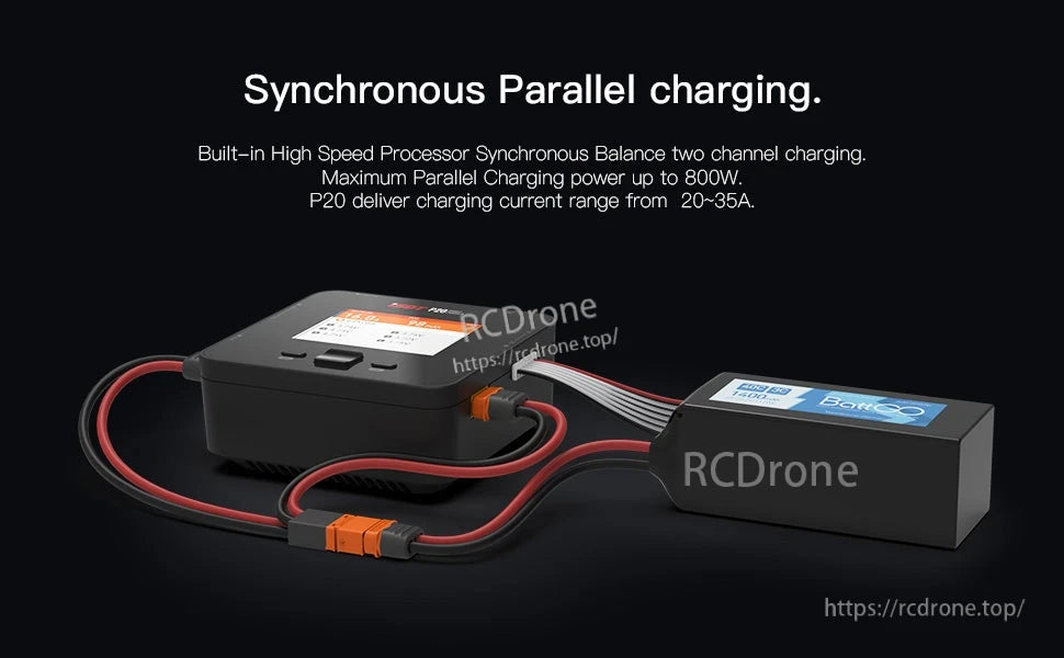 ISDT P20 DC Smart LiPo Battery Charger, ISDT P20 DC smart LiPo charger connected to a battery, with synchronous parallel balance charging info
