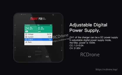 ISDT P20 DC Smart LiPo Battery Charger, ISDT P20 DC smart LiPo charger with color display, adjustable digital power supply mode (2–30V, 1–5A, 150W).