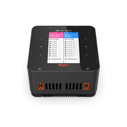 ISDT P30 Dual Channel LiPo Battery Charger, ISDT P30 dual-channel LiPo battery charger with color touchscreen display and two front power output ports