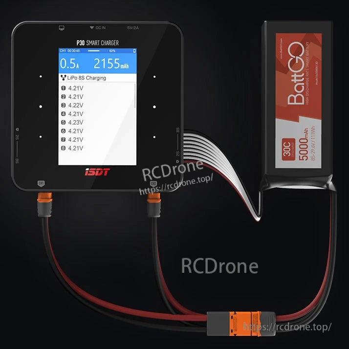 ISDT P30 Dual Channel LiPo Battery Charger, ISDT P30 smart charger with color screen displaying 8S LiPo cell voltages, connected to a LiPo battery pack