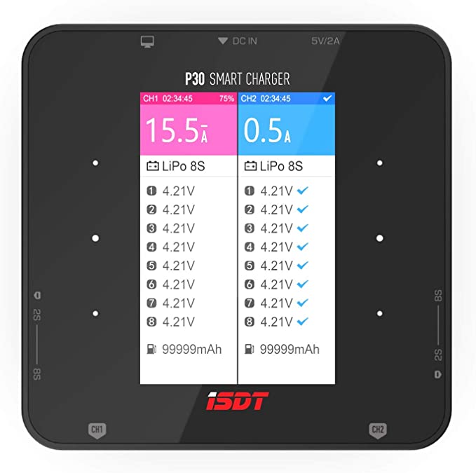 ISDT P30 Dual Channel LiPo Battery Charger, ISDT P30 dual-channel smart LiPo charger with color display showing CH1/CH2 charge status and LiPo 8S