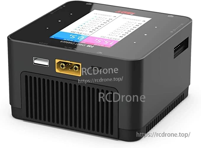ISDT P30 Dual Channel LiPo Battery Charger, ISDT P30 dual-channel LiPo battery charger with top color display, XT60 output port, USB port, and vented case