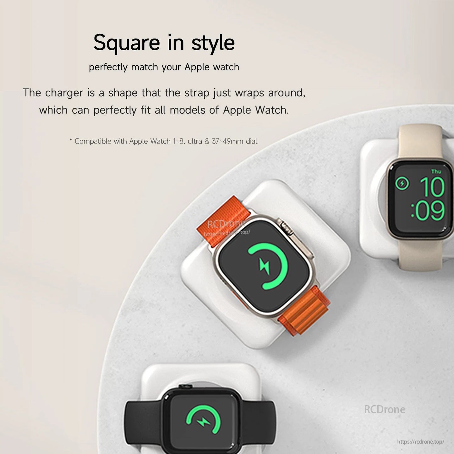 ISDT PB10 DW Portable Power Bank, Square Apple Watch charger dock with watch bands wrapped around the base, compatible with multiple Apple Watch sizes