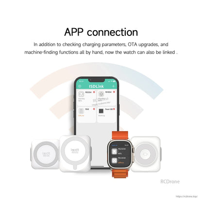 ISDT PB10 DW Portable Power Bank, ISDTLink app connection screen linking PB10DW power bank with a smartphone and smartwatch status display