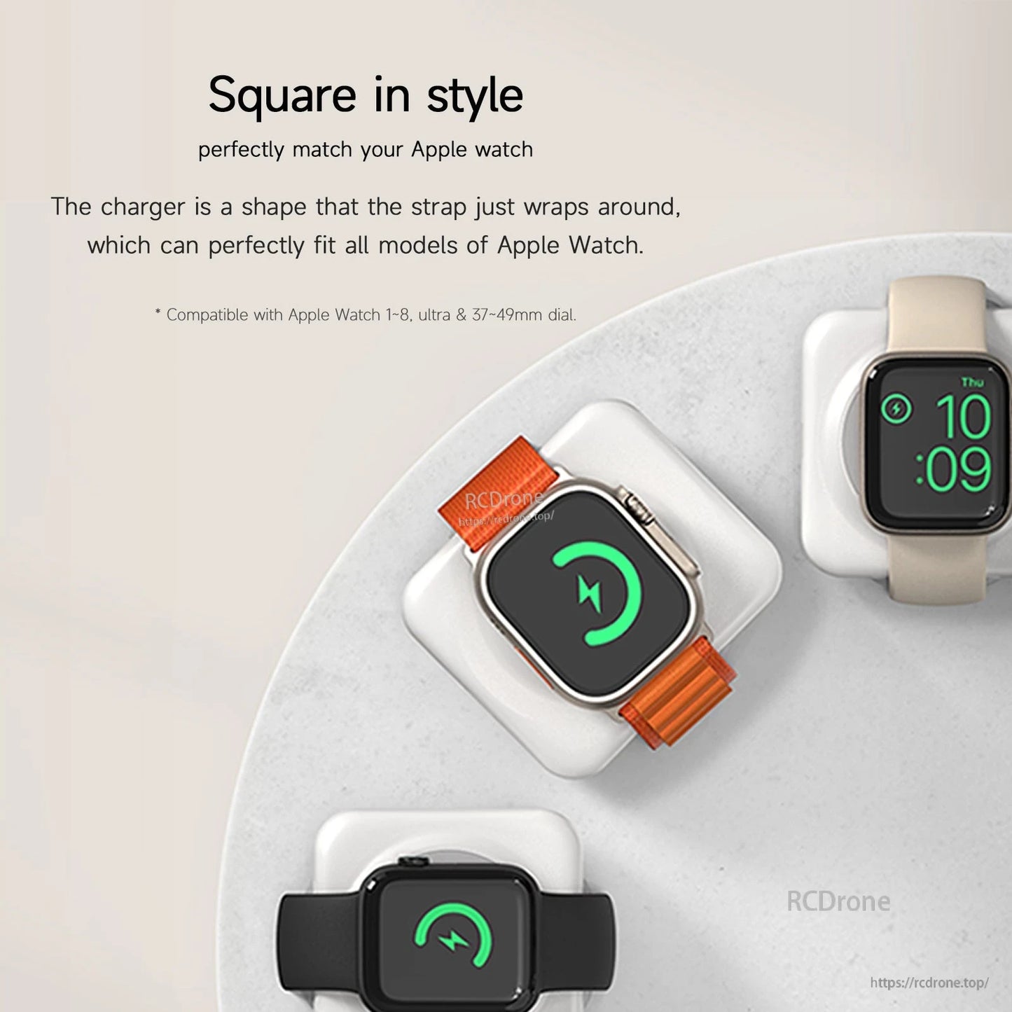 ISDT PB25DW Portable Charger Power Bank, Square Apple Watch charging puck with strap wrapped around it, shown charging multiple Apple Watch models