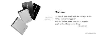 ISDT PB40 Mini power bank in silver with credit card size comparison, showing compact pocket-friendly design