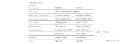 ISDT PB40 MINI power bank specifications table: 10,000mAh LiPo, 5/9/12V input/output, PPS 5–11V/3A, 165g