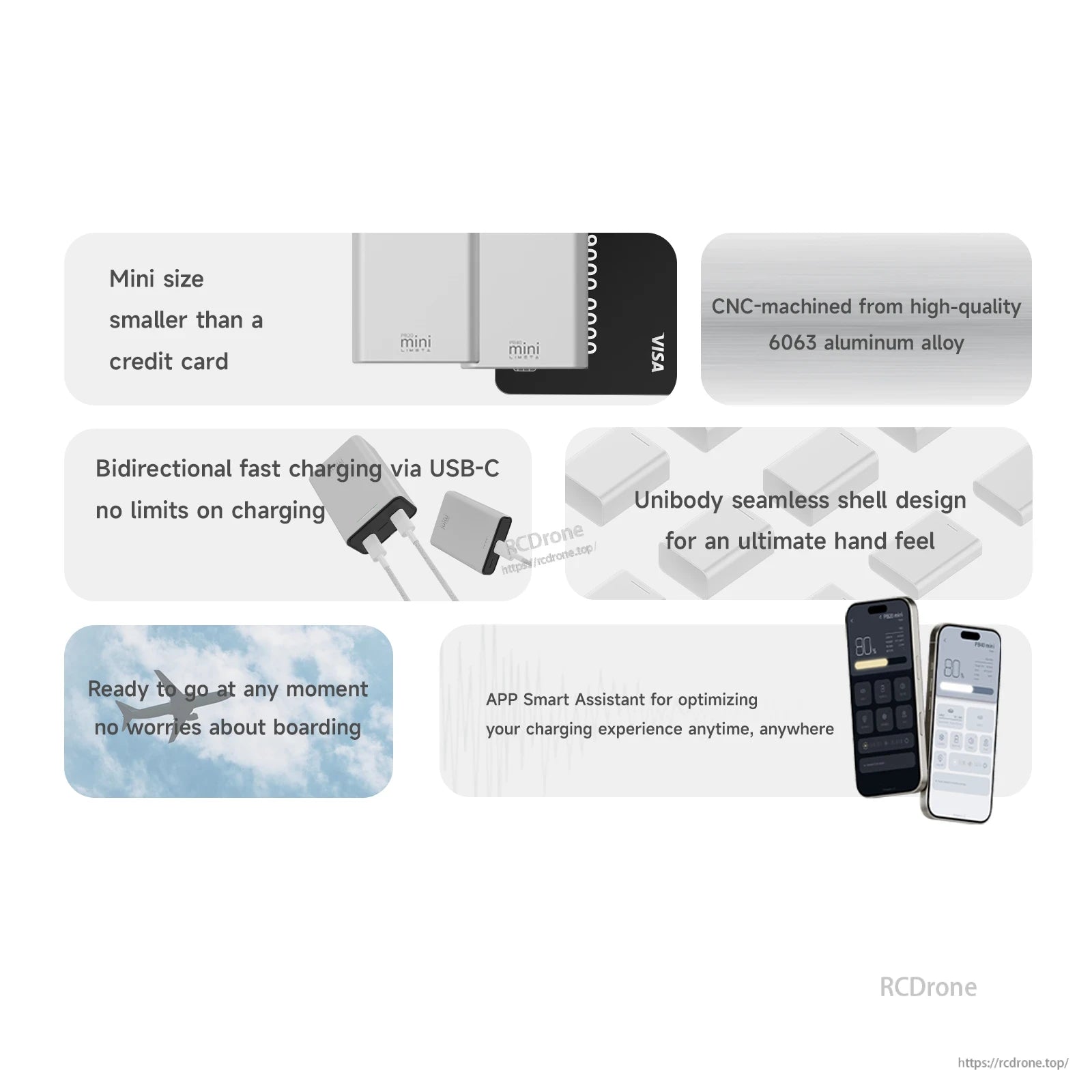 ISDT PB40 Mini power bank infographic showing credit-card size design, USB-C bidirectional charging, and aluminum shell