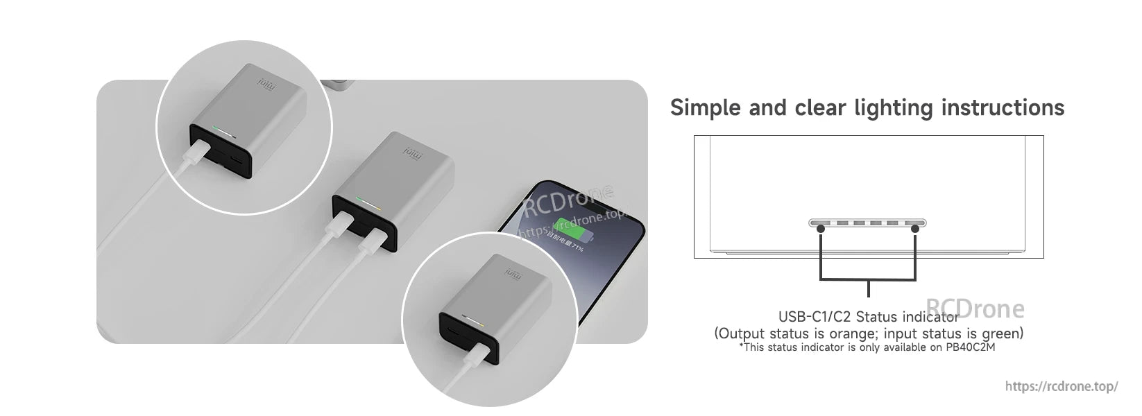 ISDT PB40 Mini power bank with dual USB-C ports and LED status indicator for input and output
