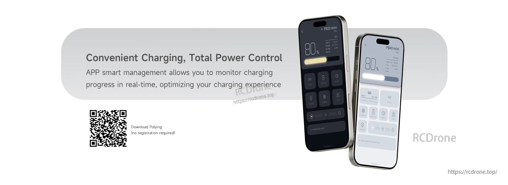 ISDT PB40 Mini power bank app interface on two smartphones, with QR code for downloading Polyving